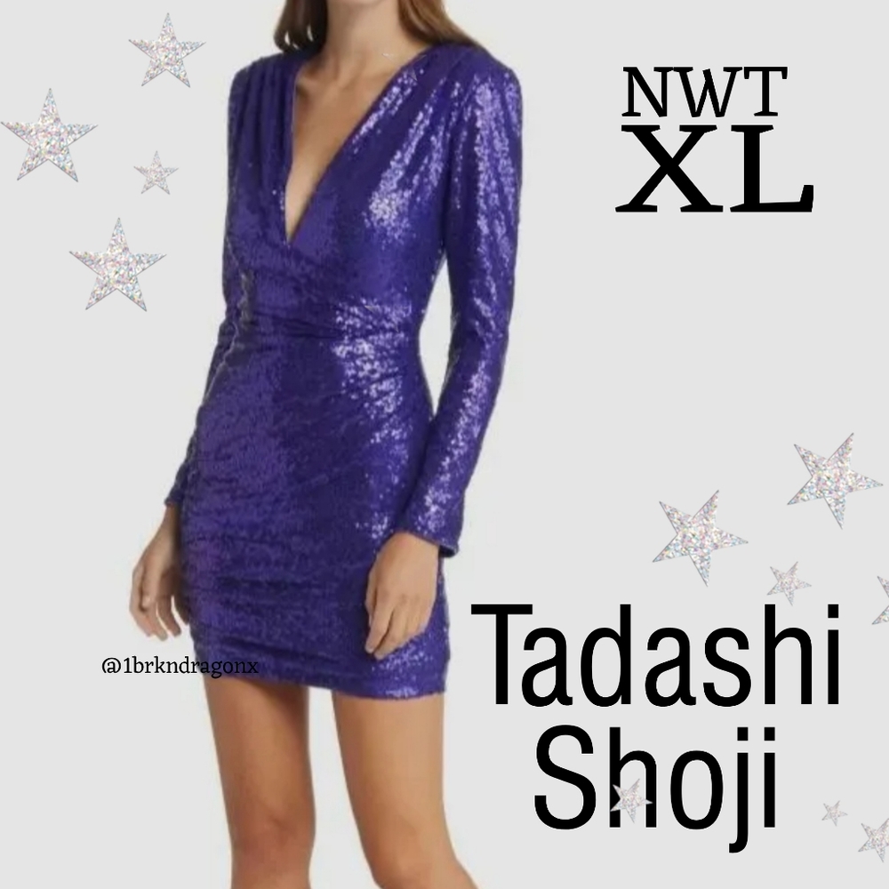 NWT Tadashi Shoji Royal Purple Cocktail Dress Midi Sequin Stretch Evening Party - Picture 3 of 14